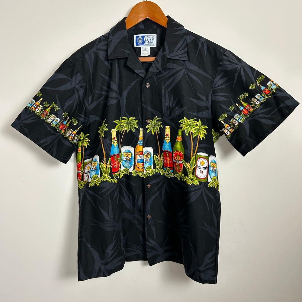 Vintage RJC Hawaii Beer Bottle Aloha Shirt Mens S Black Made in Hawaii
